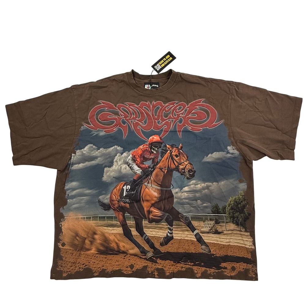 Godspeed Brown Graphic Tee Skeleton Horse Racing Jockey Streetwear Shirt NEW